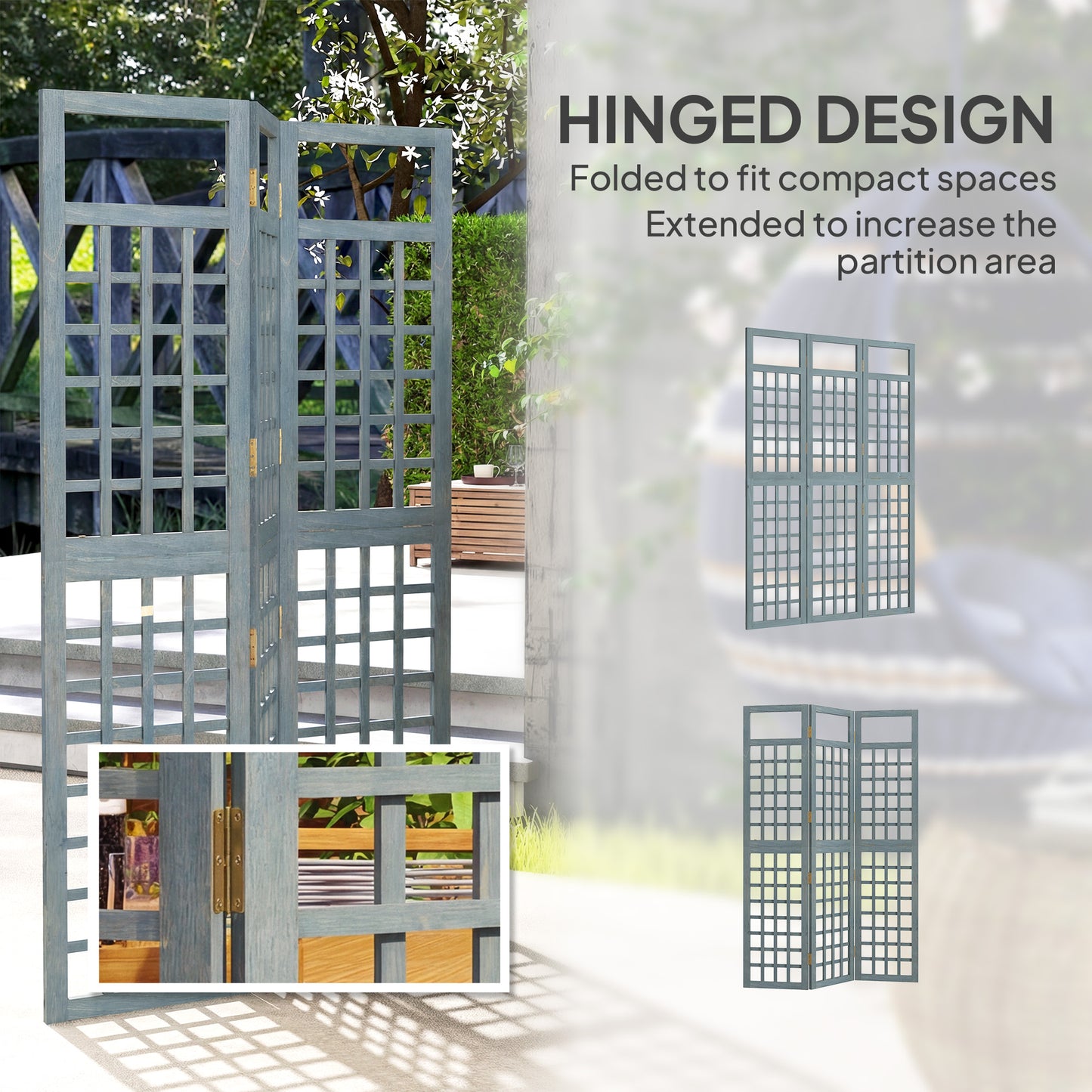 Outsunny 3 Panel Garden Privacy Screen Freestanding Foldable Wooden Outdoor Divider Trellis Grey