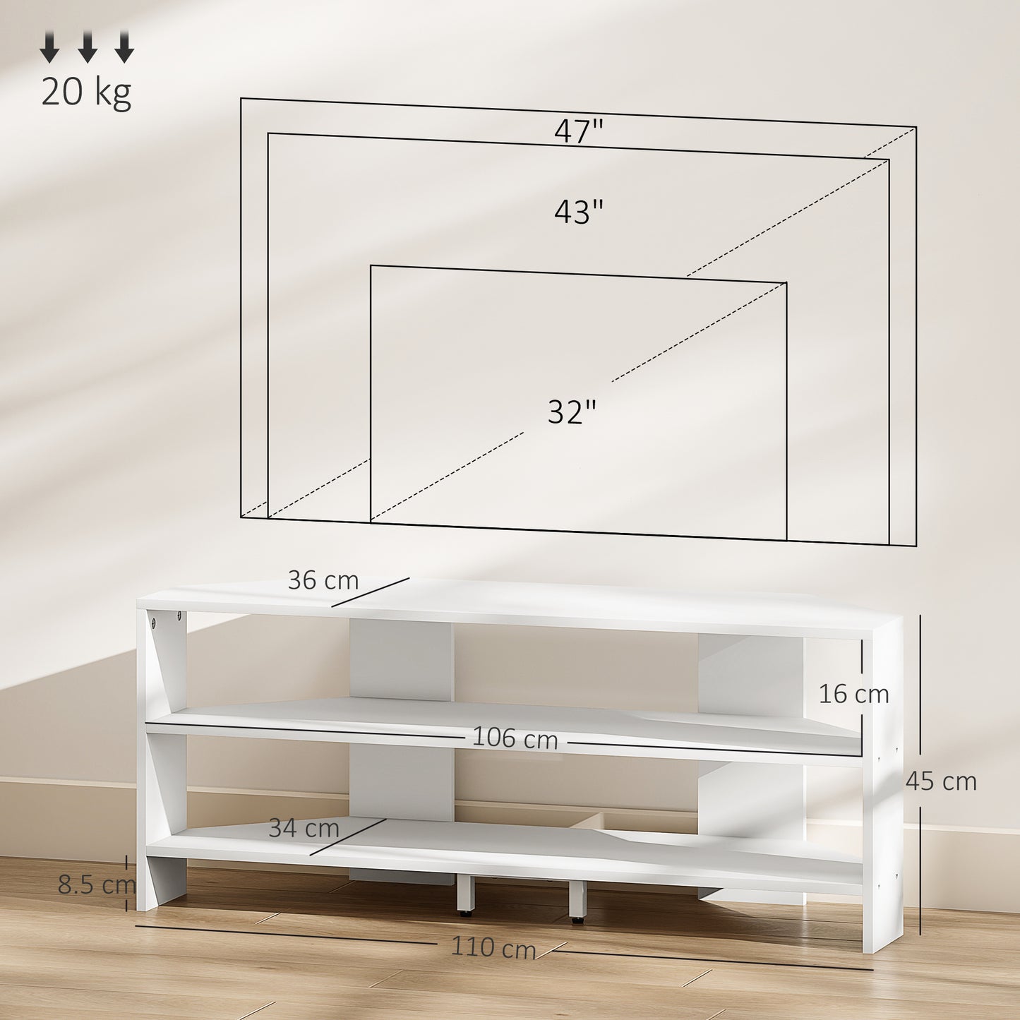 HOMCOM Corner TV Stand For 47 Inch TV With Two Open Shelves White Finish For Modern Living Room