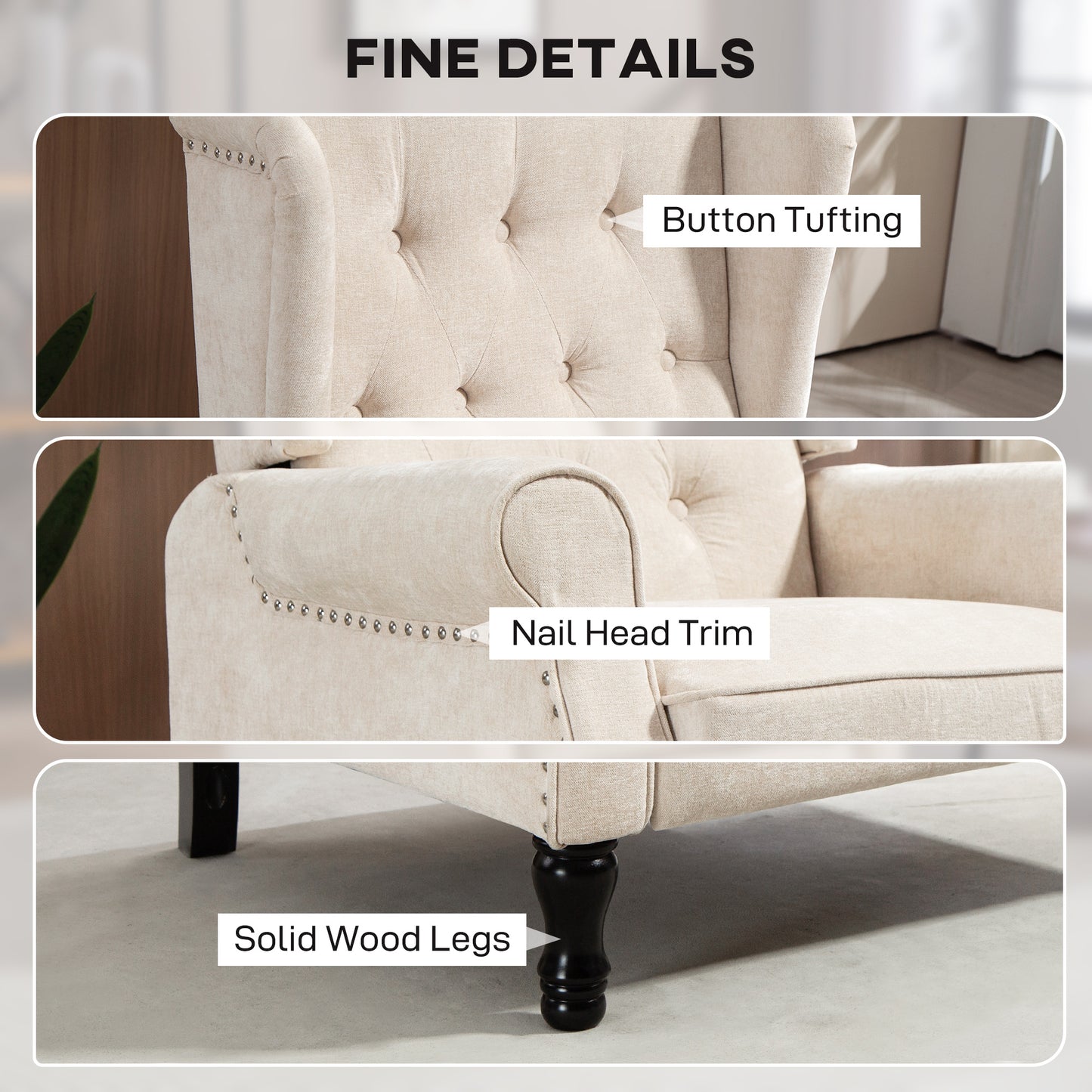 HOMCOM 150 Degree Reclining Vintage Armchair With Footrest Beige Upholstered Living Room Chair
