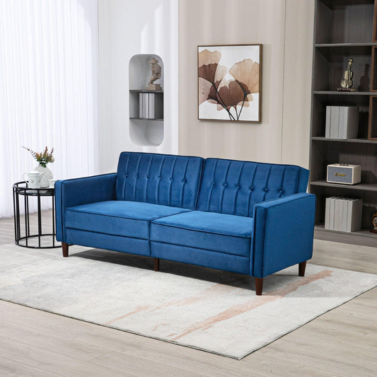 HOMCOM Modern Convertible Sofa Futon Velvet-Touch Tufted Couch Compact Loveseat with Adjustable Split Back, Blue - ALL4U RETAILER LTD