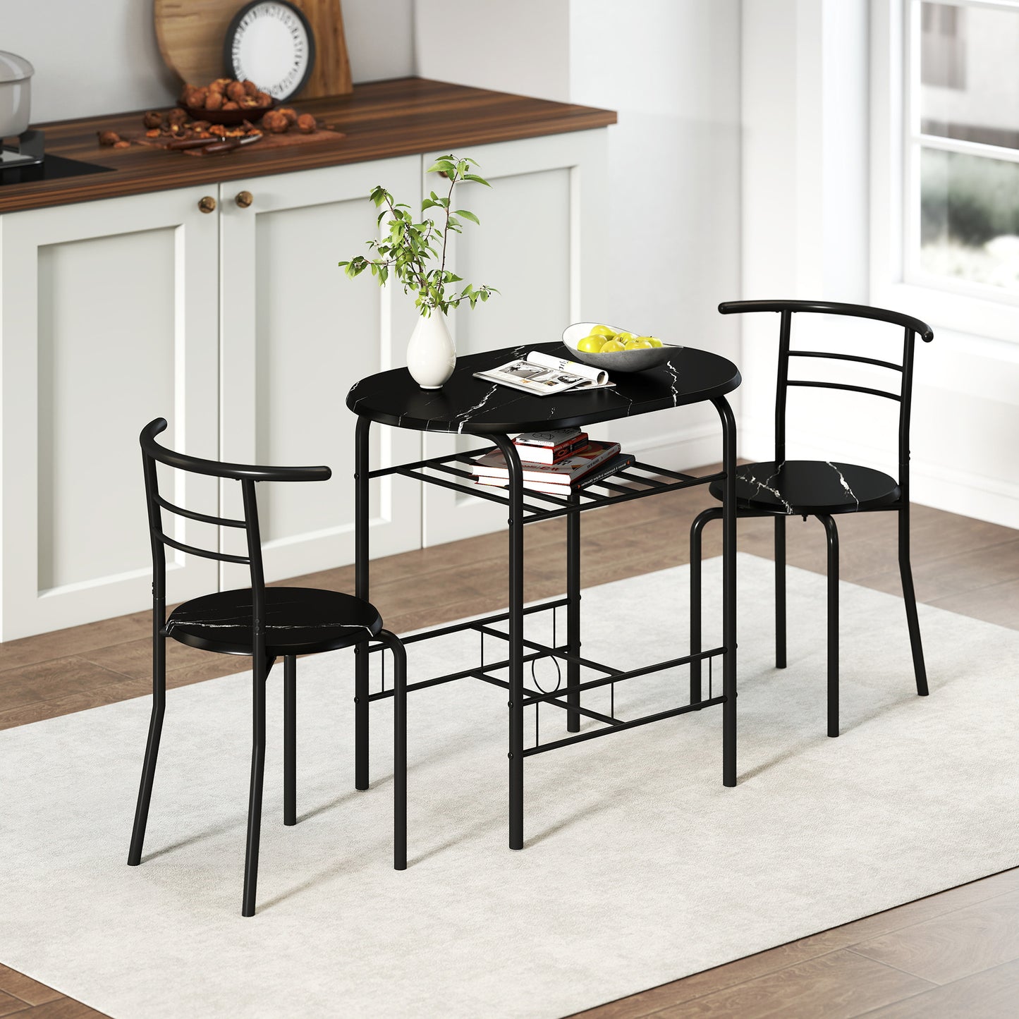 HOMCOM Three Piece Compact Dining Set With Marble Effect MDF Tabletops And Metal Frames Black With Under Table Shelf
