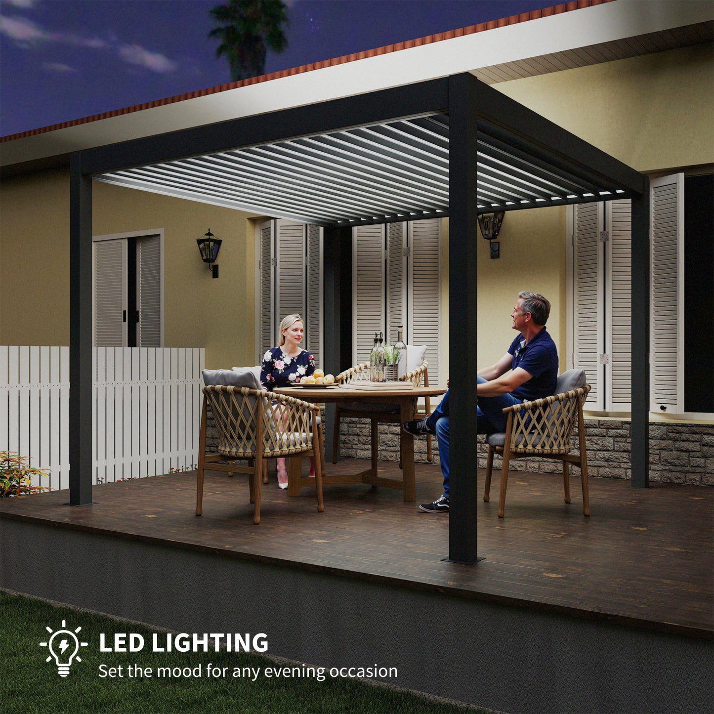 Outsunny 3x3m Electric Louvered Pergola With LED Lights Aluminium Hardtop Gazebo Remote Control Adjustable Roof