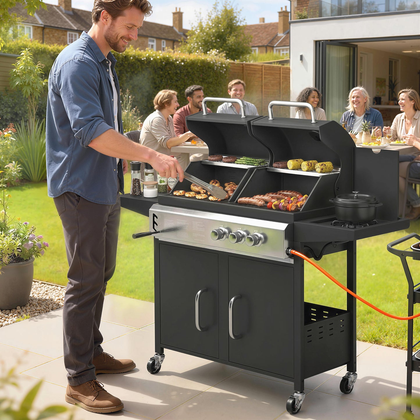 Outsunny Dual Fuel BBQ Grill 2 In 1 Gas Grill And Charcoal Smoker Hybrid With Wheels