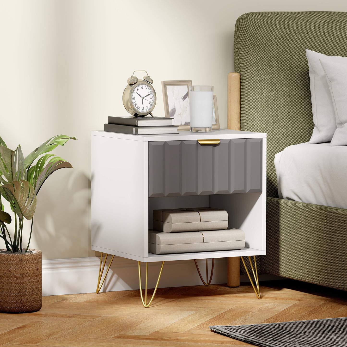 HOMCOM White Bedside Table With Drawer And Open Shelf Cabinet Modern Nightstand 45 x 40 x 55 cm