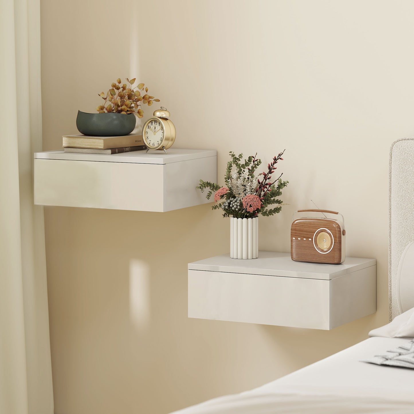 HOMCOM Floating Bedside Tables Set Of 2 Wall Mounted Nightstands With High Gloss White Finish And Storage Drawer