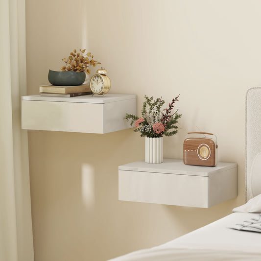 HOMCOM Floating Bedside Tables Set Of 2 Wall Mounted Nightstands With High Gloss White Finish And Storage Drawer