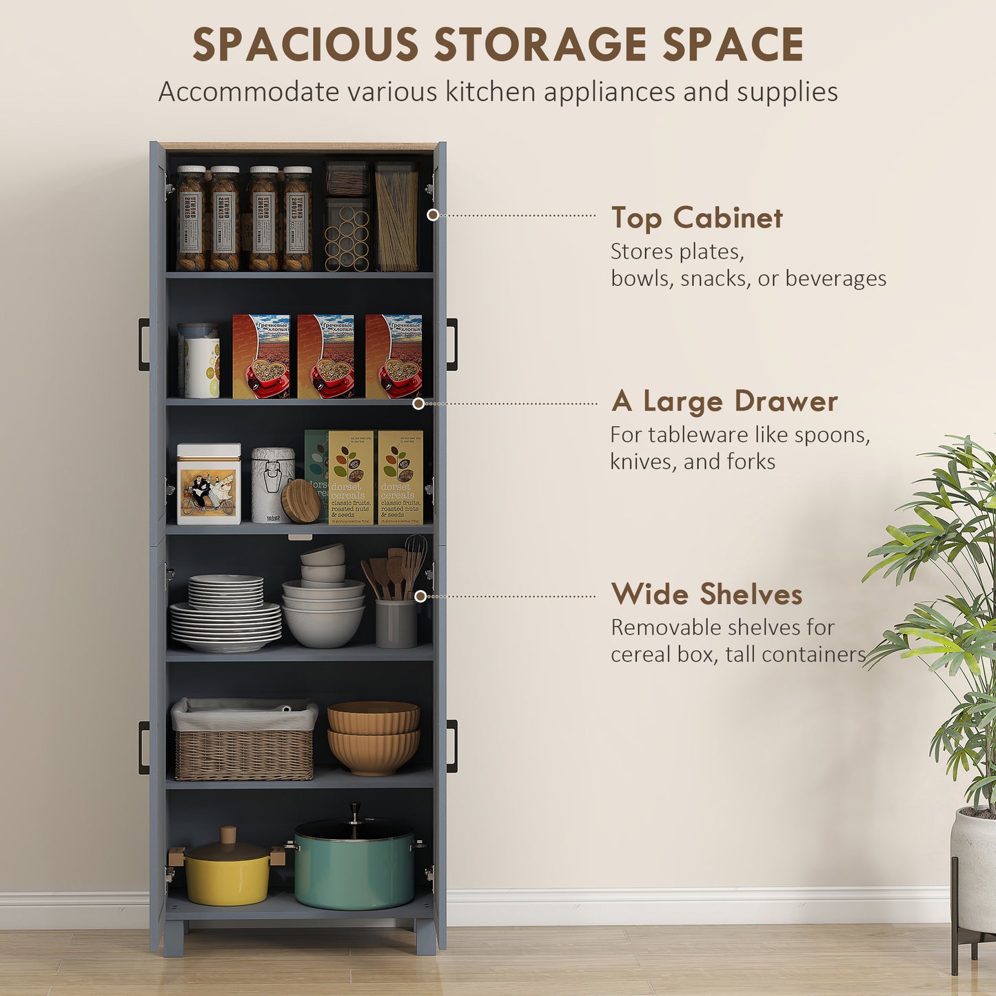 HOMCOM Freestanding Kitchen Cupboard 4-Door Storage Cabinet With Adjustable Shelves Grey Wood Effect 170cm Tall