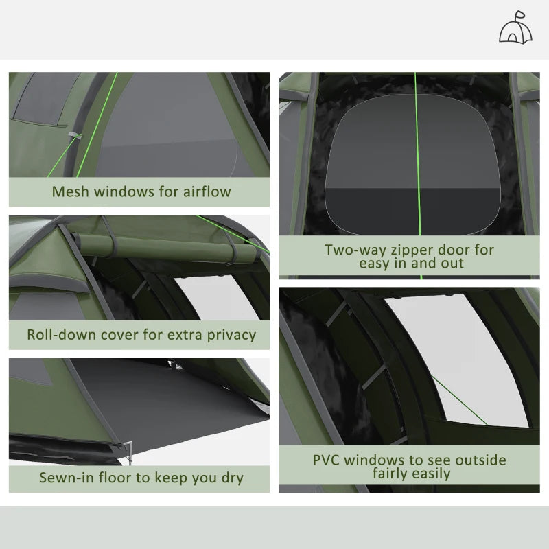 Outsunny 2-Room Tunnel Camping Tent for 3-4 People with Windows, Covers, Carry Bag - Ideal for Fishing, Hiking, Sports - Green - ALL4U RETAILER LTD