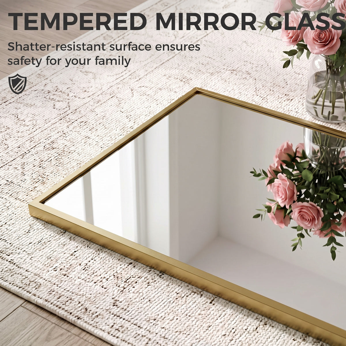 Tempered glass full length mirror with a gold-tone metal frame