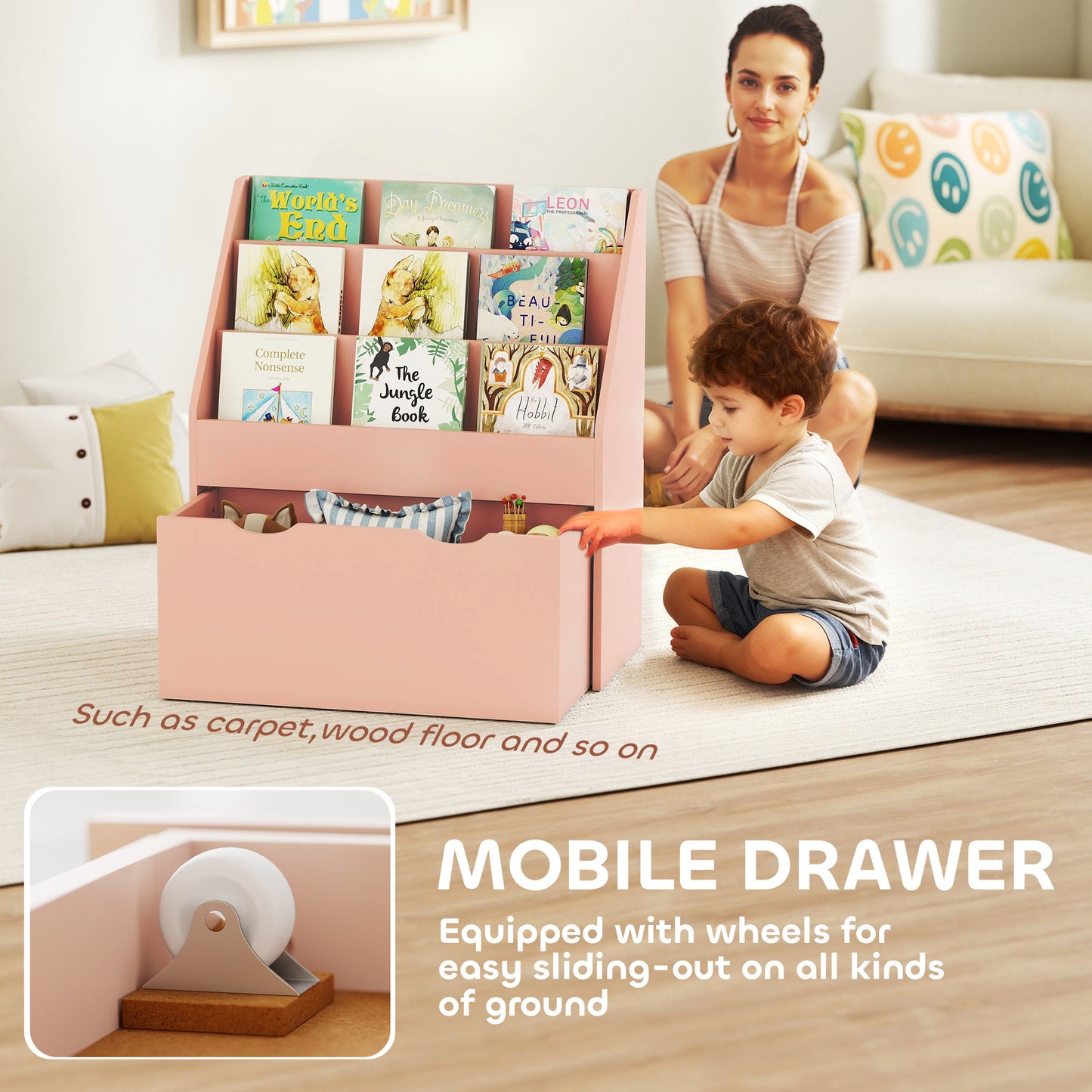 AIYAPLAY Pink Kids Bookcase With Shelves And Drawer On Wheels For Bedroom And Playroom