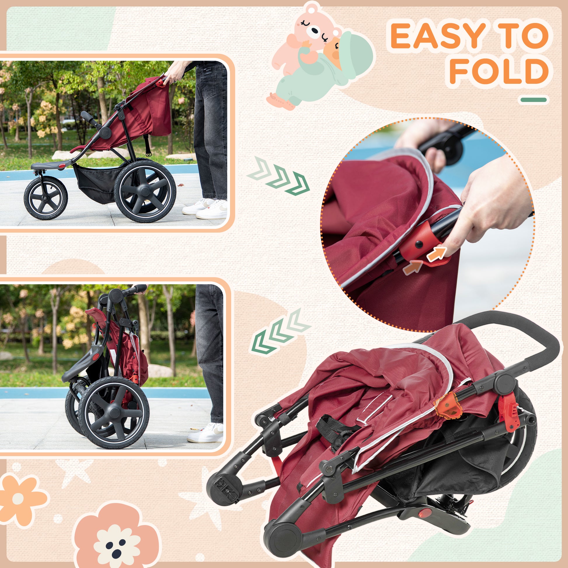 HOMCOM Compact Tri-Wheel Baby Stroller with Adjustable Canopy and Storage Basket, Lightweight Design, Red - ALL4U RETAILER LTD