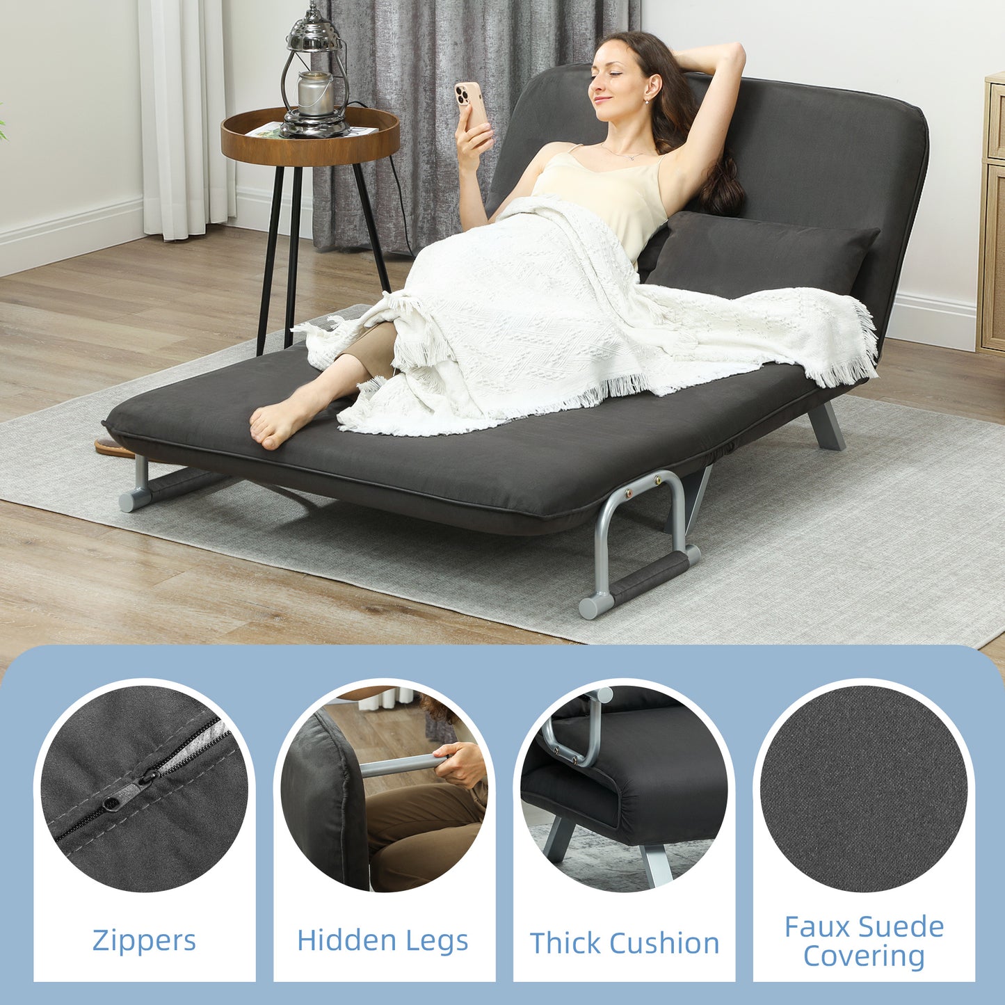 HOMCOM Two Seater Click Clack Sofa Bed Charcoal Grey Faux Suede Upholstery With Five Position Adjustable Back
