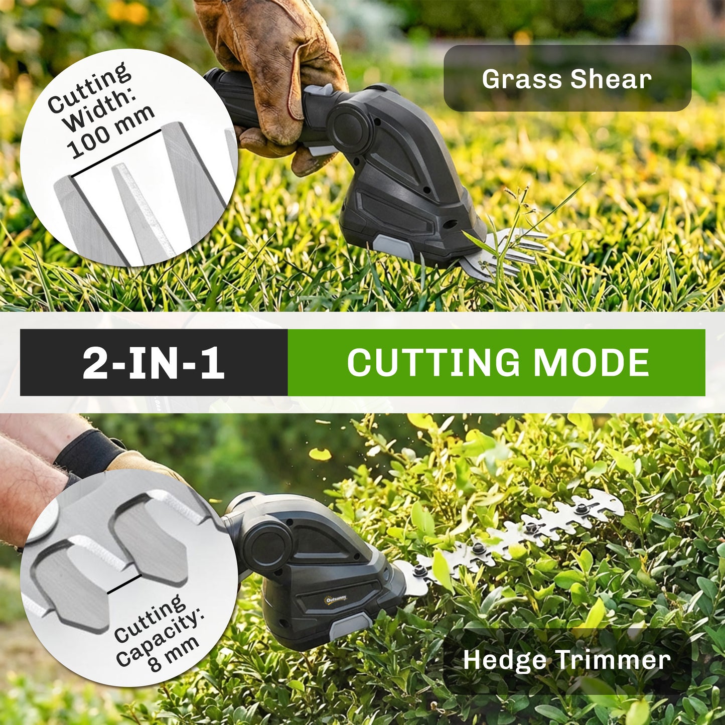 Outsunny 2 In 1 Cordless Hedge Trimmer And Grass Shear With Rechargeable 2000mAh Batteries And Two Changeable Blades