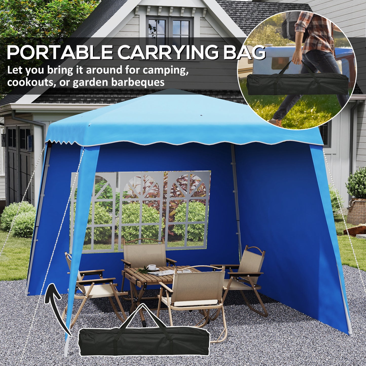 Outsunny 2.4x2.4m Blue Two Wall Pop Up Gazebo With Adjustable Height 242cm 246cm 250cm