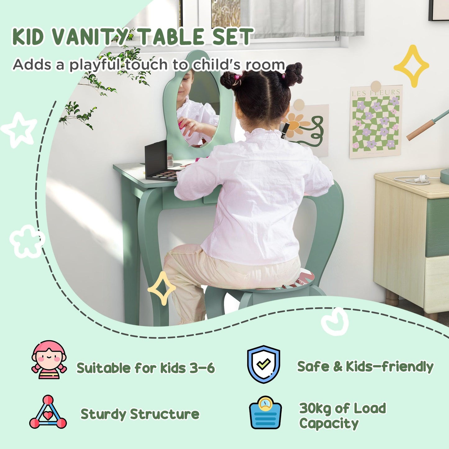 ZONEKIZ Green Kids Dressing Table with Cute Animal Design - 3-6 Years - ALL4U RETAILER LTD