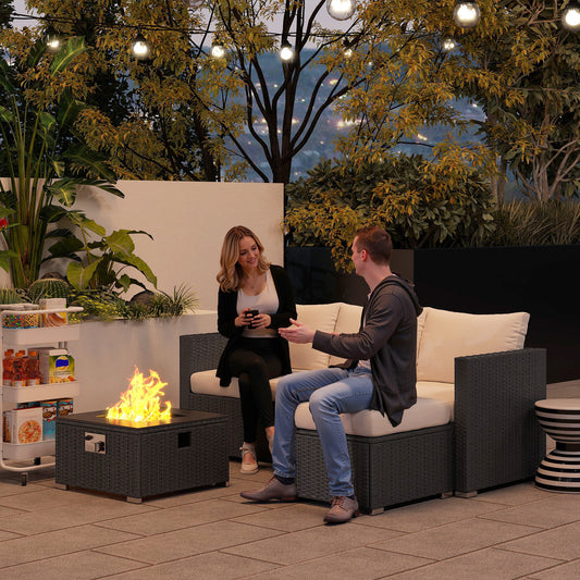 Outsunny Five Piece Rattan Garden Furniture Set With Gas Fire Pit Table And Footstool In Black And Cream White
