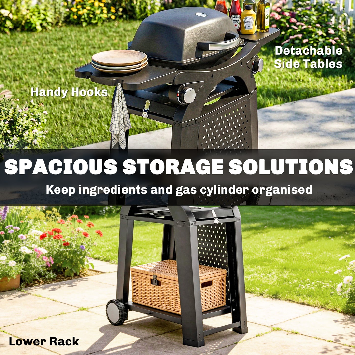 Outsunny 2 Burner Gas Grill With Side Tables And Cast Iron Grates, 3.8 KW Portable Tabletop BBQ With Wheels
