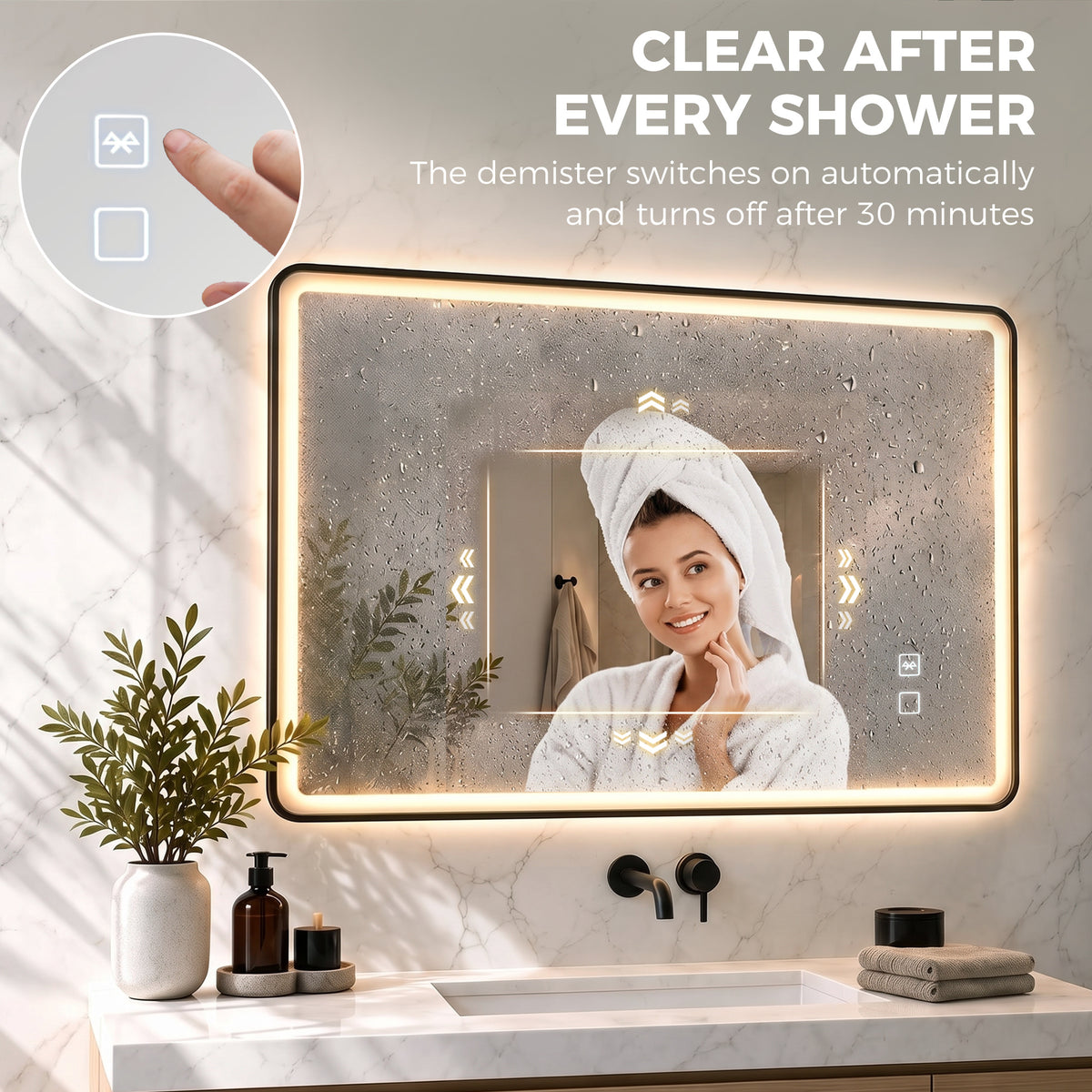 LED bathroom mirror with anti-fog lighting over shower steam