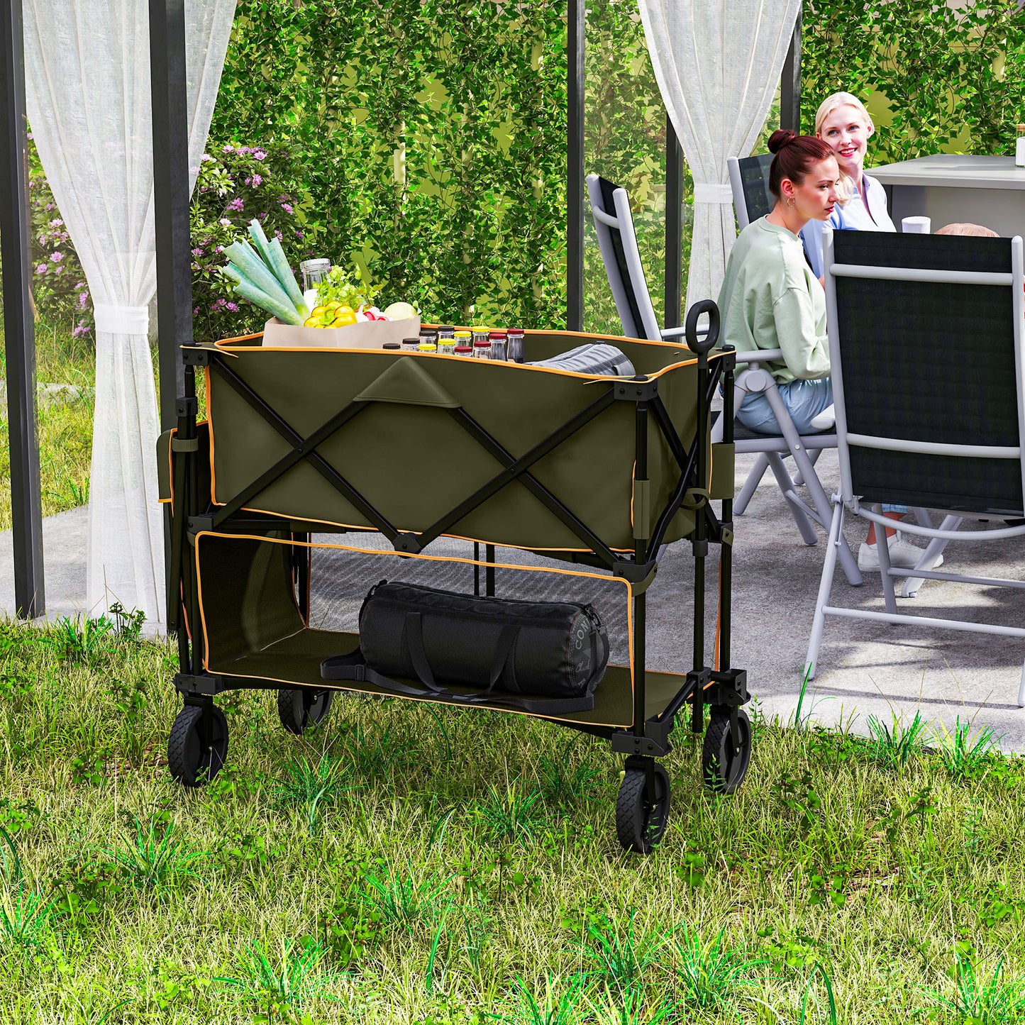 Outsunny Double Decker Folding Trolley With Wheels 200KG And 350L Capacity Collapsible Wagon For Camping Garden Grey