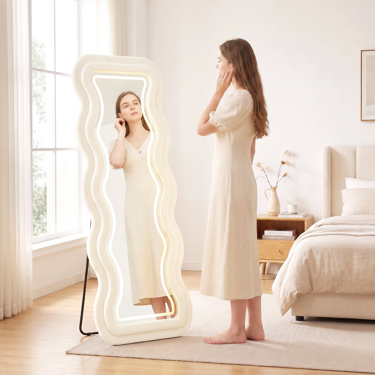 HOMCOM Full Length Mirror With Wavy Velvet Frame Led Light Strip Cream White