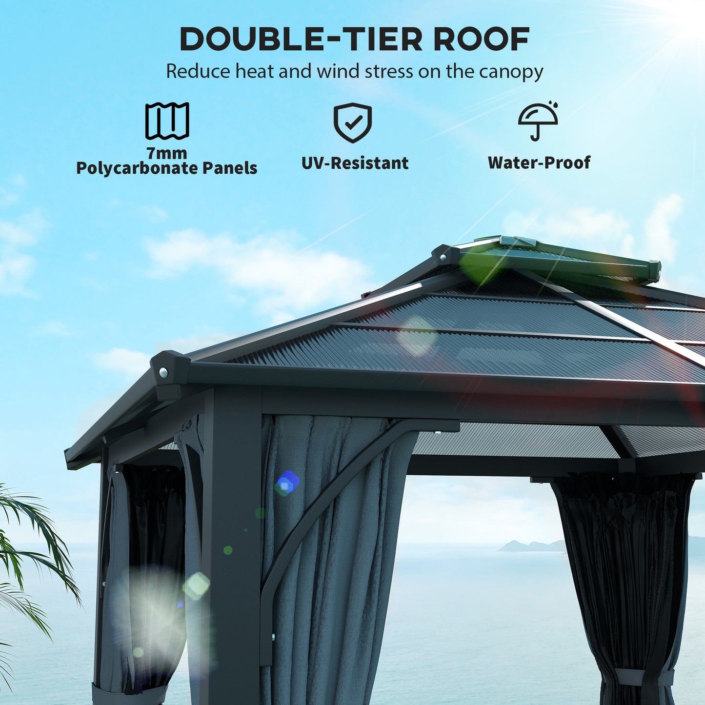 Outsunny 3m x 3m Hardtop Gazebo Canopy With 7mm Polycarbonate Roof Mosquito Netting And Curtains For Patio Dark Grey