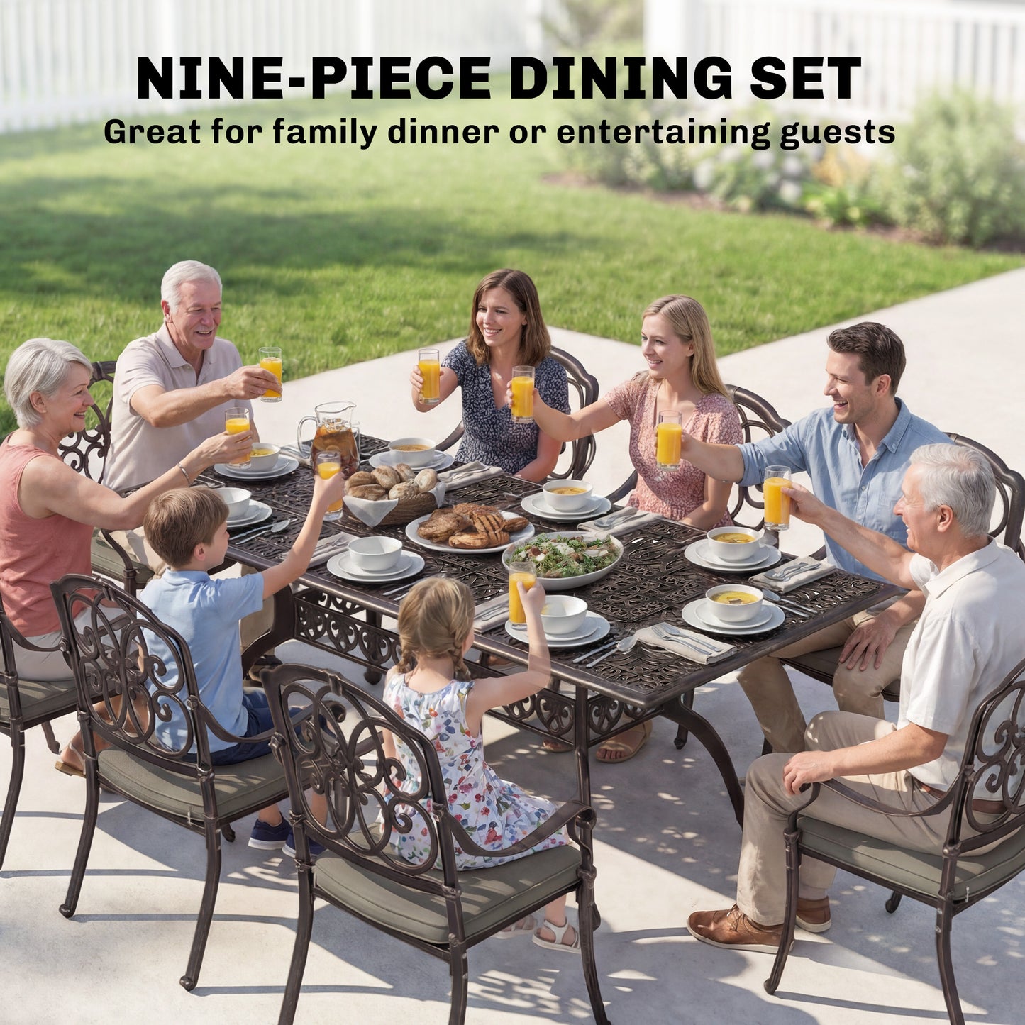 Outsunny 9 Piece Cast Aluminium Garden Table And Chairs Dining Set With Cushions Parasol Hole Bronze Tone