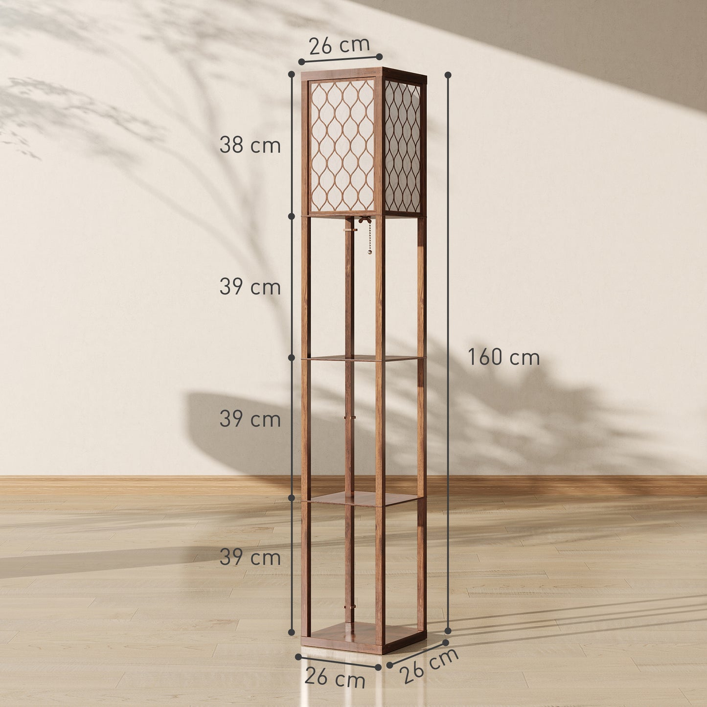 HOMCOM Three Shelf Standing Lamp With Rustic Brown White Finish And Integrated Storage Shelves