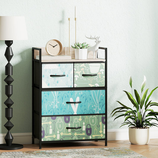 HOMCOM 4 Drawer Chest of Drawers in Blue with Removable Fabric Drawers and Patterned Panels for Stylish Bedroom Storage