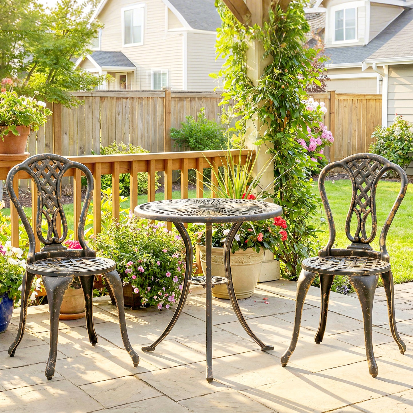Outsunny Outdoor Bistro Set for 2 Cast Aluminum Patio Furniture Round Table with Umbrella Hole Brown