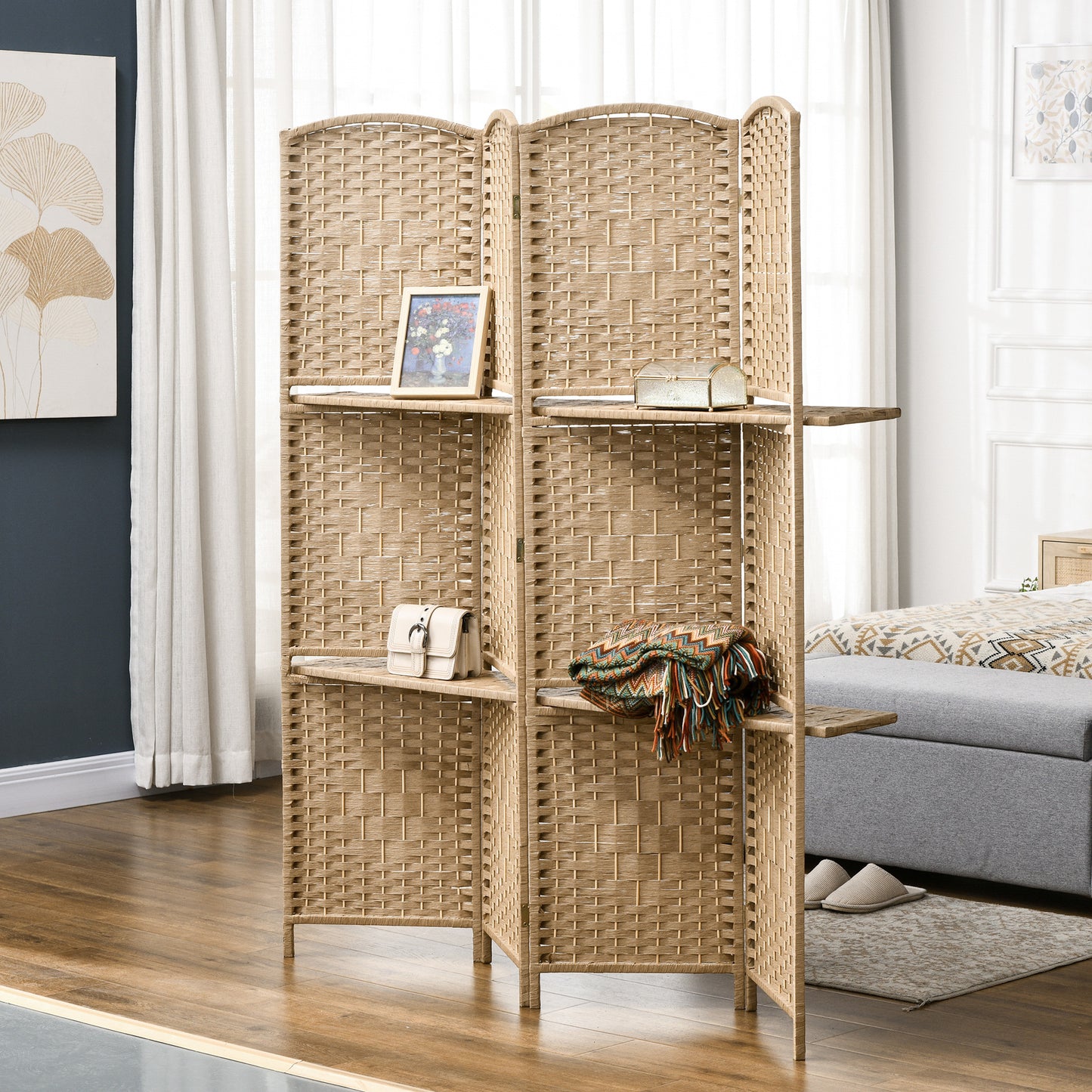 HOMCOM Four Panel Room Divider Screen 160 X 170 cm Foldable Pine Wood With Two Shelves
