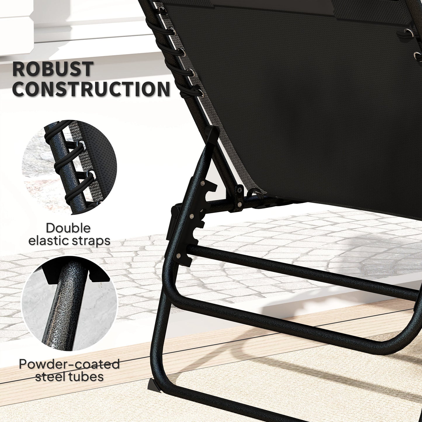 Outsunny Set Of Two Reclining Sun Loungers In Black With Five Position Adjustable Backs And Side Pockets