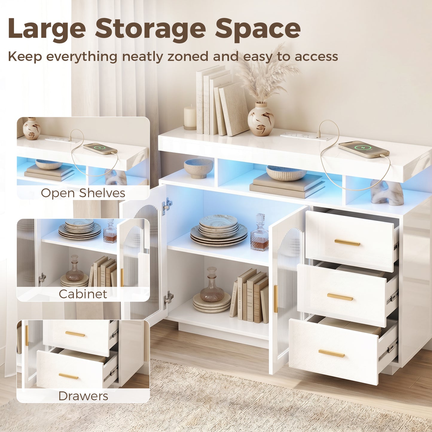 HOMCOM High Gloss Sideboard With LED Lights Built In Power Outlets 3 Drawers Shelves And 2 Acrylic Doors White