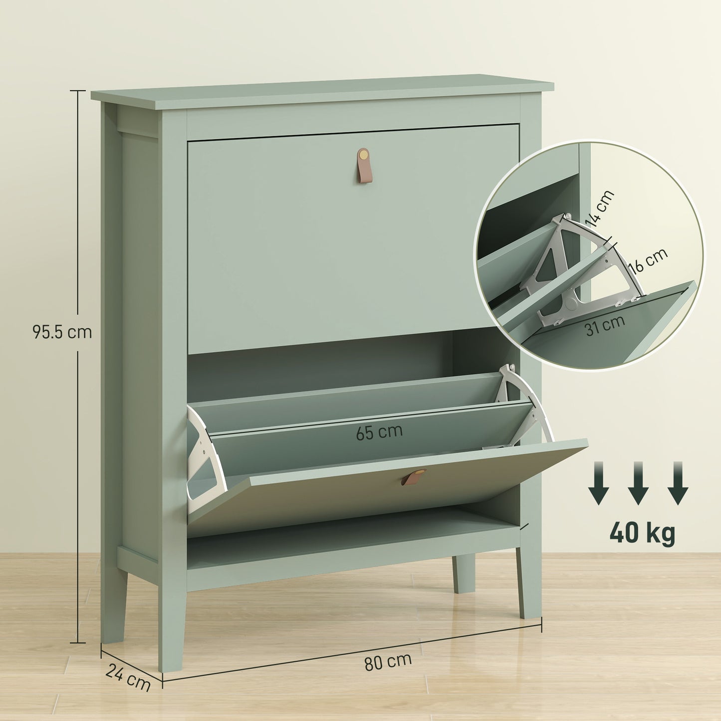 HOMCOM Modern Two Drawer Shoe Cabinet Green Slim Narrow Storage For 14 Pairs UK Men Size 9.5