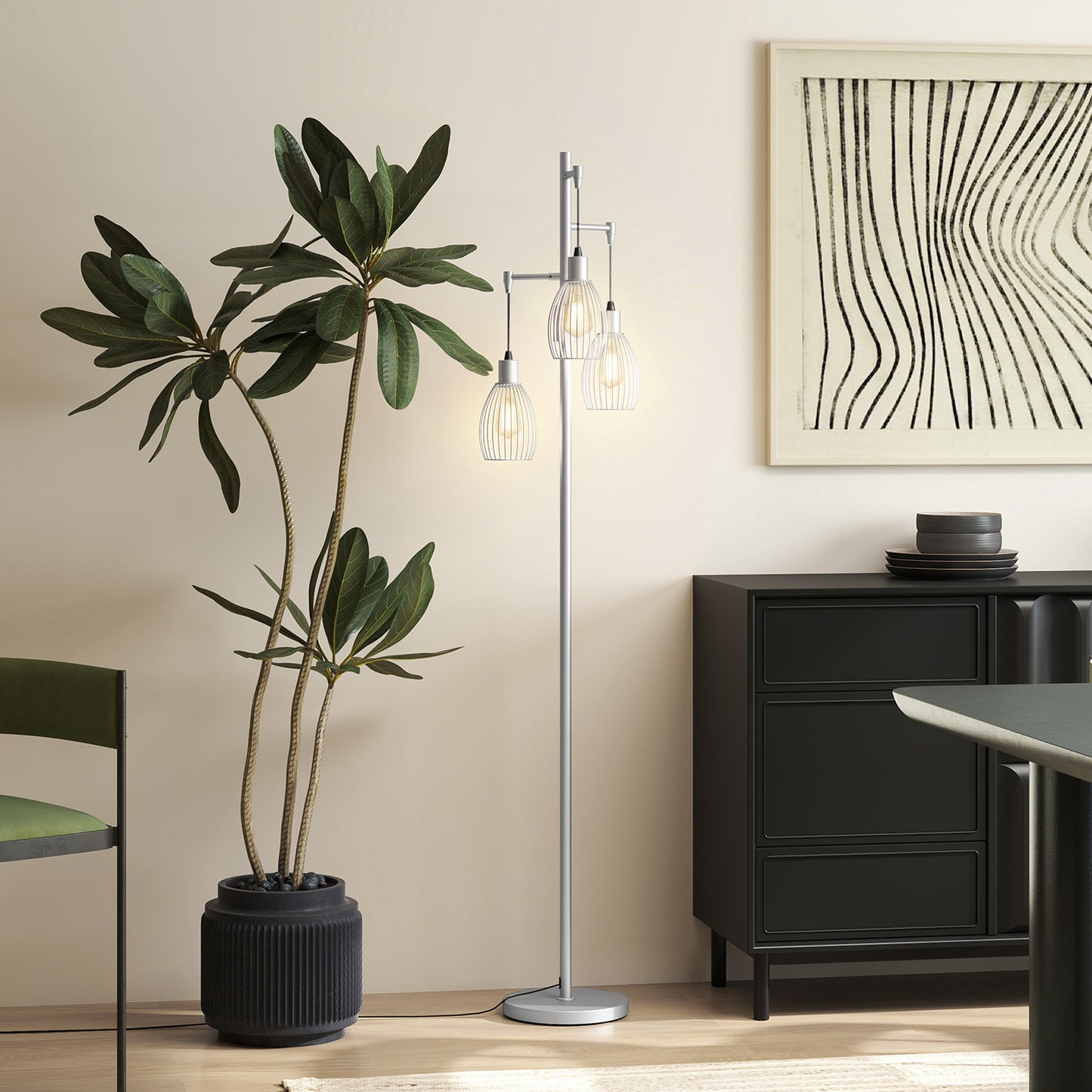 HOMCOM 170.5cm Industrial Dimmable Standing Lamp Three Light Floor Lamp With Steel Wire Cage Lampshades Silver Tone