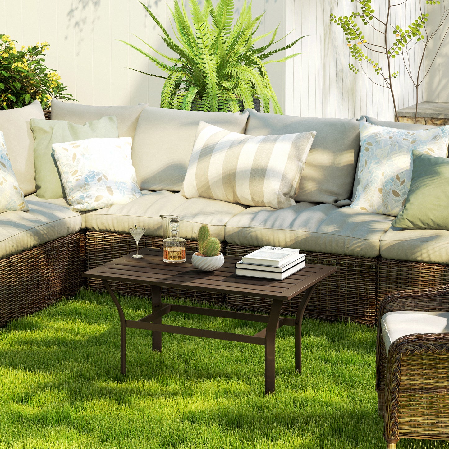 Outsunny Metal Garden Coffee Table 91.5 x 55 x 45 cm Slatted Top Weatherproof Outdoor Side Table Brown