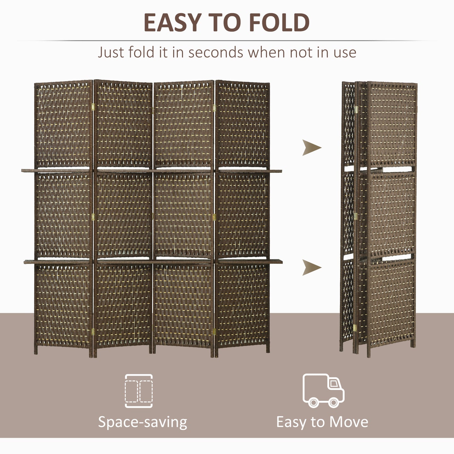 HOMCOM 4-Panel Freestanding Room Divider with Shelves - Brown Wicker Effect Privacy Screen - ALL4U RETAILER LTD