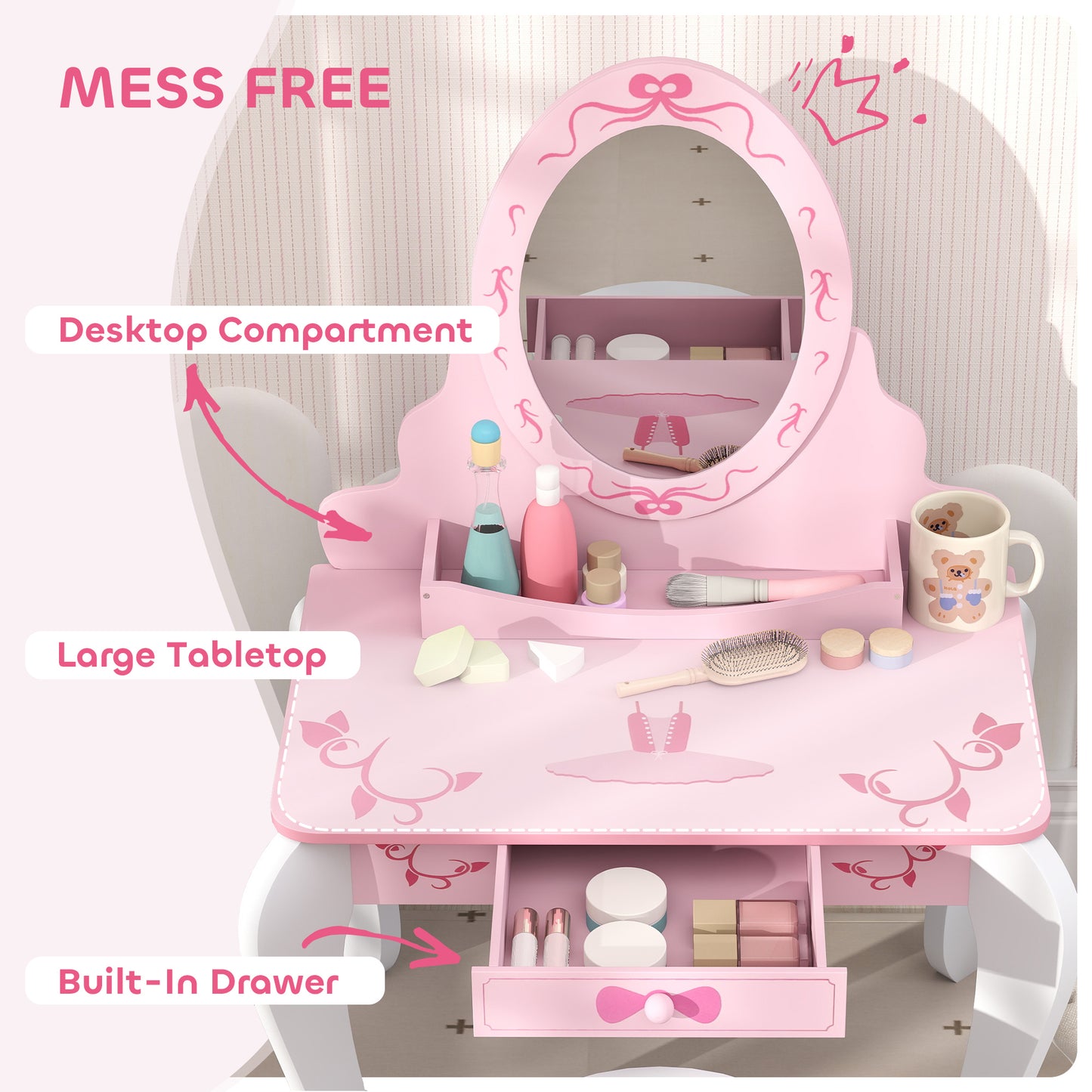 AIYAPLAY Kids Dressing Table Set, Vanity Table With Stool, Mirror, Drawer, Storage, Ballet Theme Pink