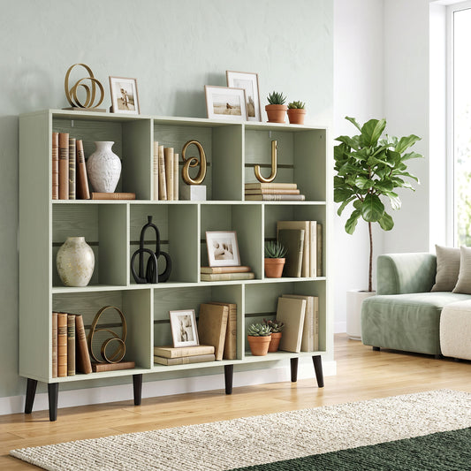 HOMCOM 10 Cube Bookcase with Solid Wood Legs 3 Tier Modern Bookshelf 140 cm Light Green Anti Tip Kit