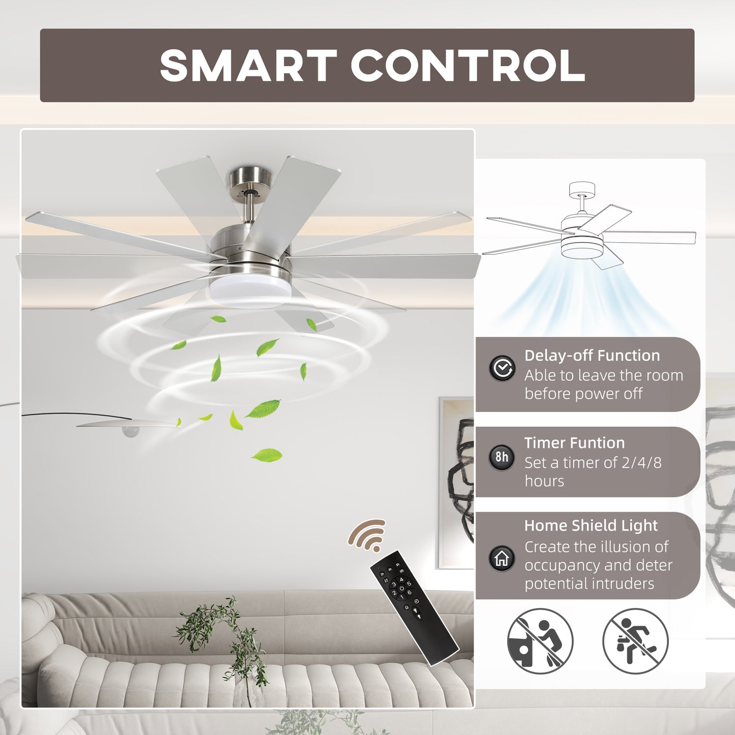 HOMCOM Modern Flush Mount LED Ceiling Fan with Light and Remote Control - 132cm Reversible Blades for Bedrooms and Living Rooms - ALL4U RETAILER LTD