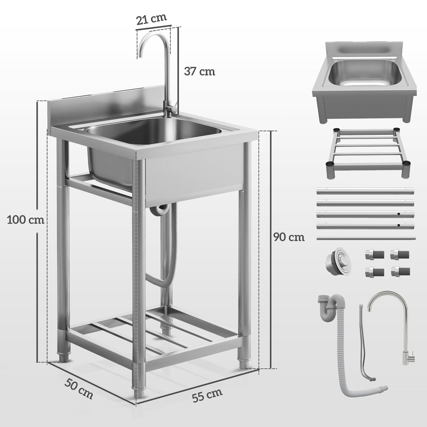 HOMCOM Outdoor Stainless Steel Utility Sink With Free Standing Single Bowl And Storage Shelf Hot And Cold Water