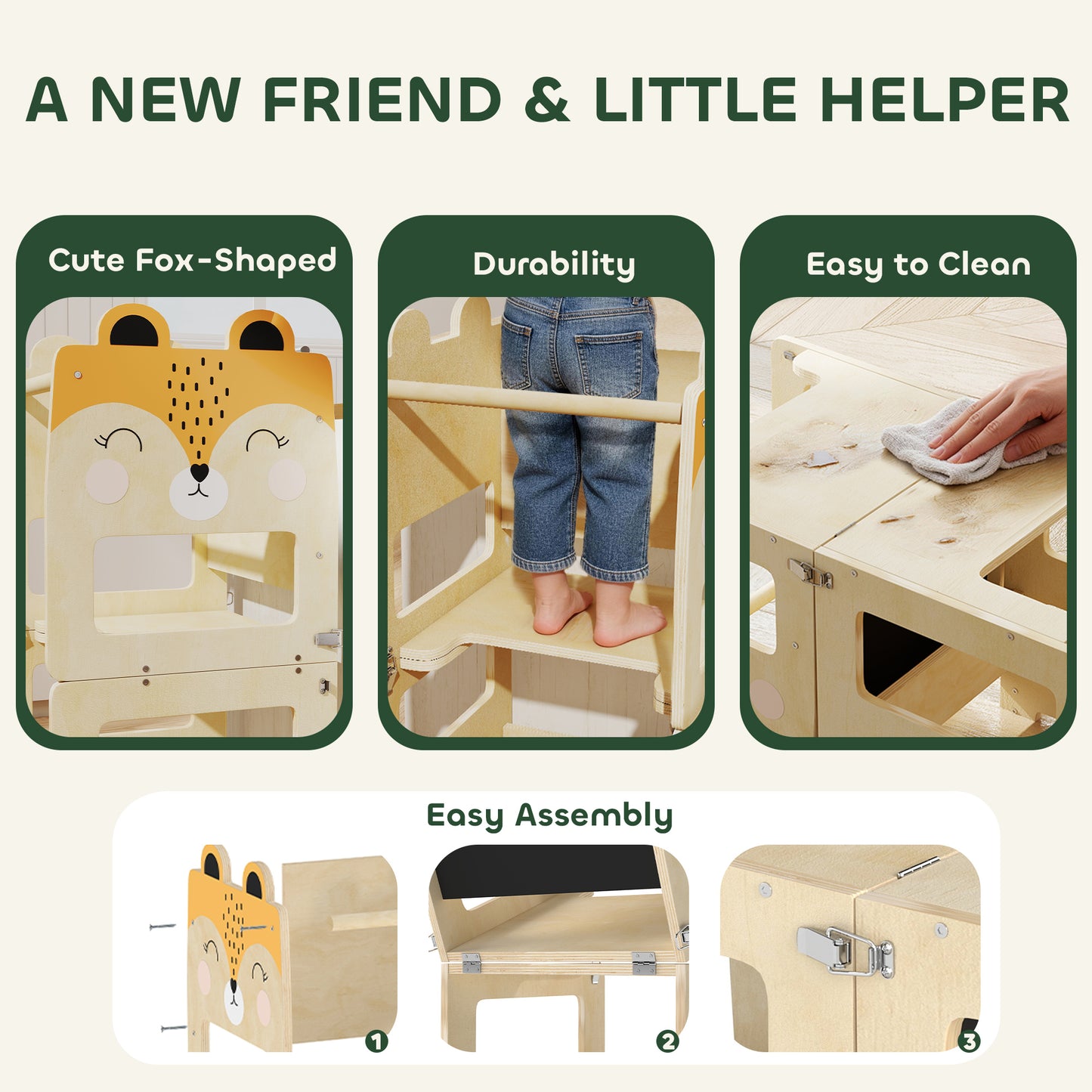 AIYAPLAY Toddler Step Stool Fox Shaped 3 in 1 Standing Tower with Chalkboard for Kitchen Counter Natural Wood