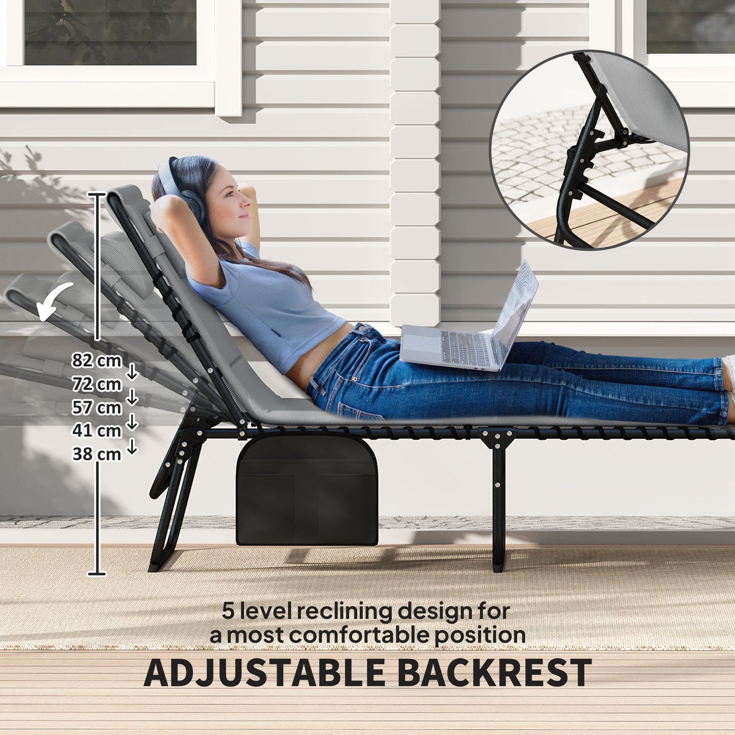 Outsunny Reclining Sun Loungers Charcoal Grey Powder Coated Steel With Five Position Adjustable Backs And Side Pockets