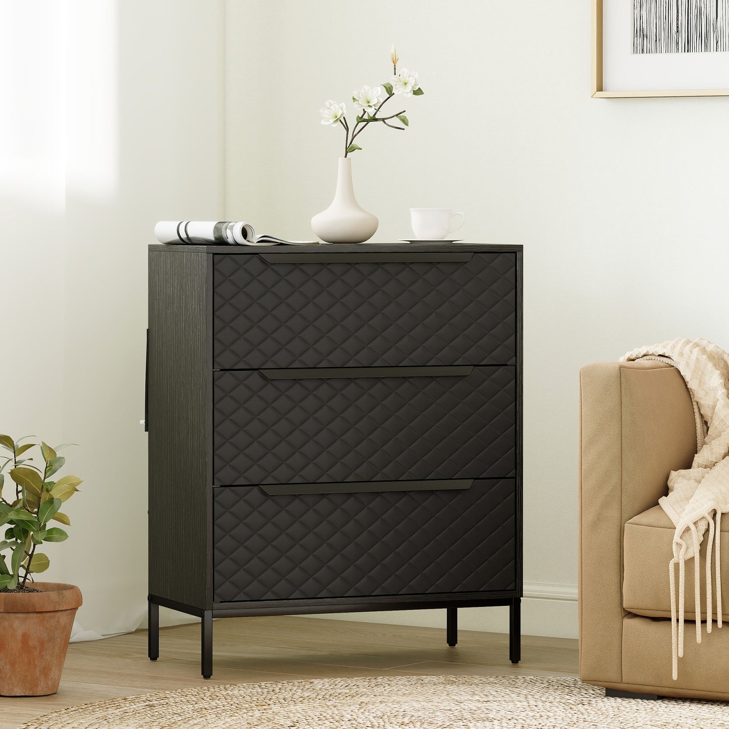 HOMCOM Chest Of Drawers With 3 Fabric Drawers And Aluminium Handles Black Modern Bedroom Storage