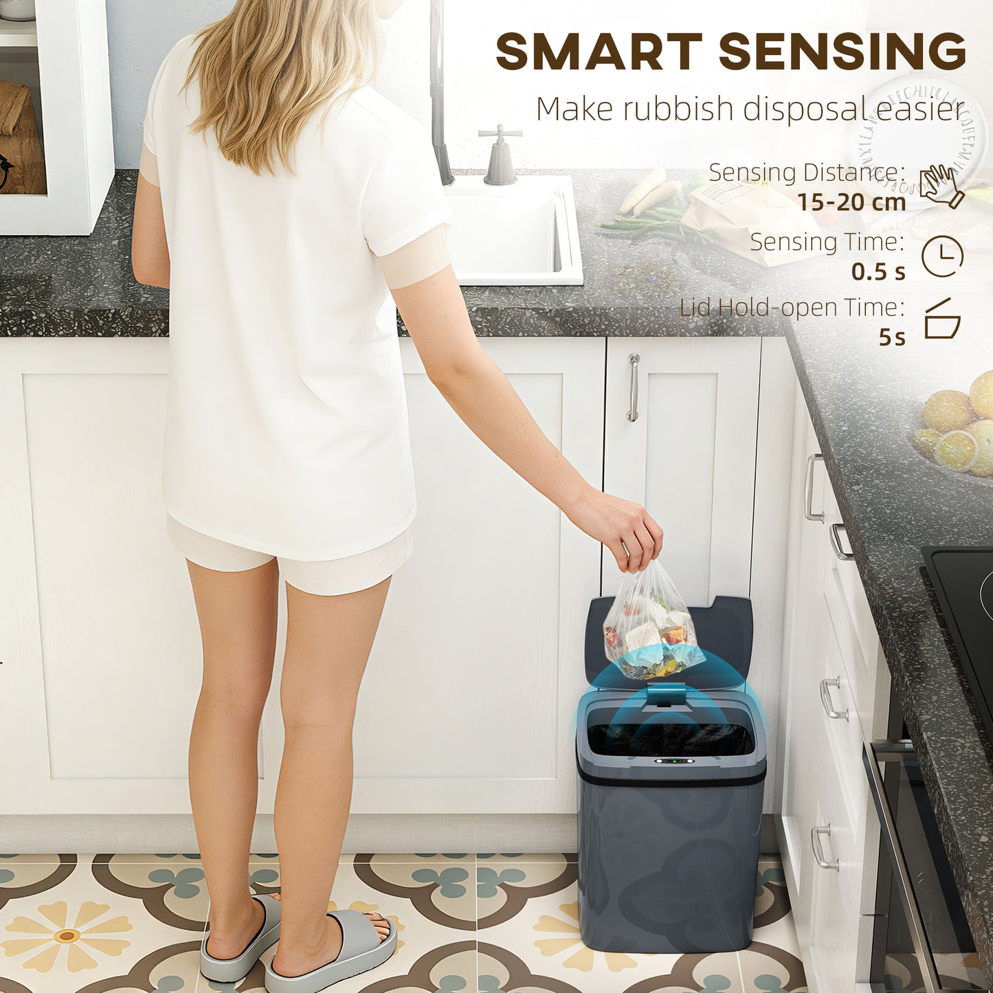 HOMCOM 15L Sensor Bin Automatic Touchless Kitchen Bin Battery Operated for Home Office Bedroom Bathroom Grey