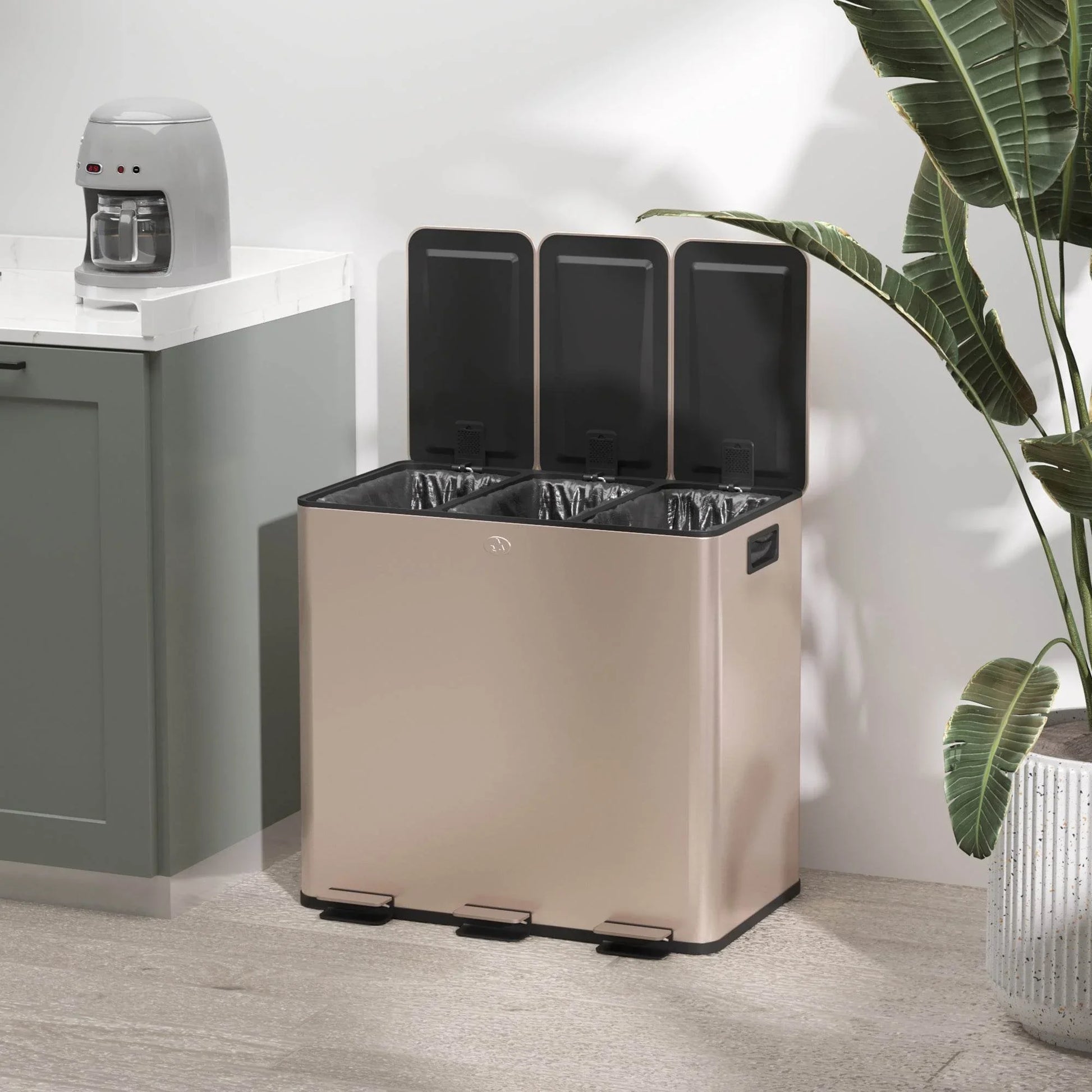 HOMCOM 45L Stainless Steel Triple Compartment Pedal Bin with Soft Close Lid and Removable Buckets - Fingerprint Resistant Gold Finish - ALL4U RETAILER LTD