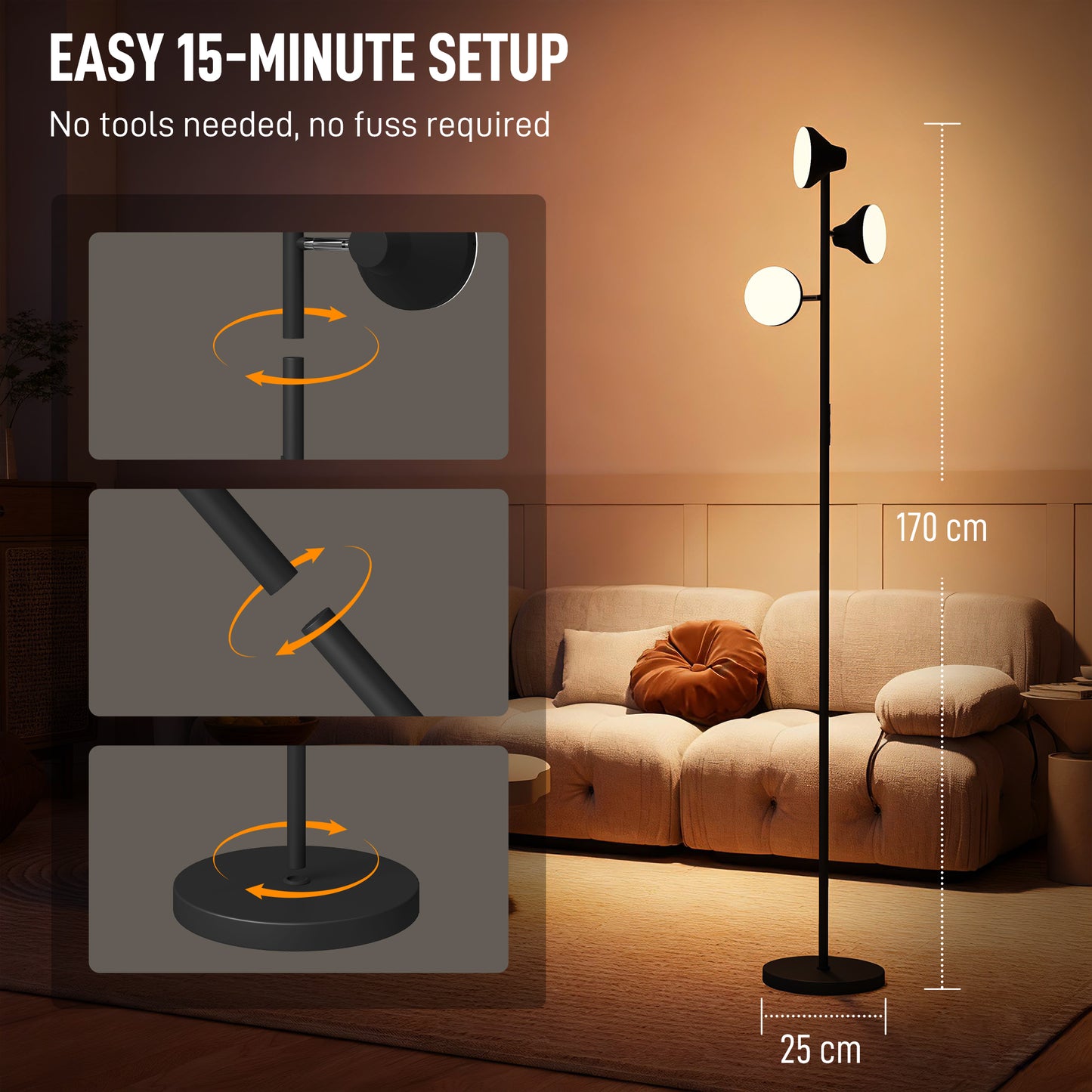 HOMCOM Three Lamp Floor Lamp With RGB Colors And Tunable White 2700K To 6000K Nine Scene Modes Timer Black