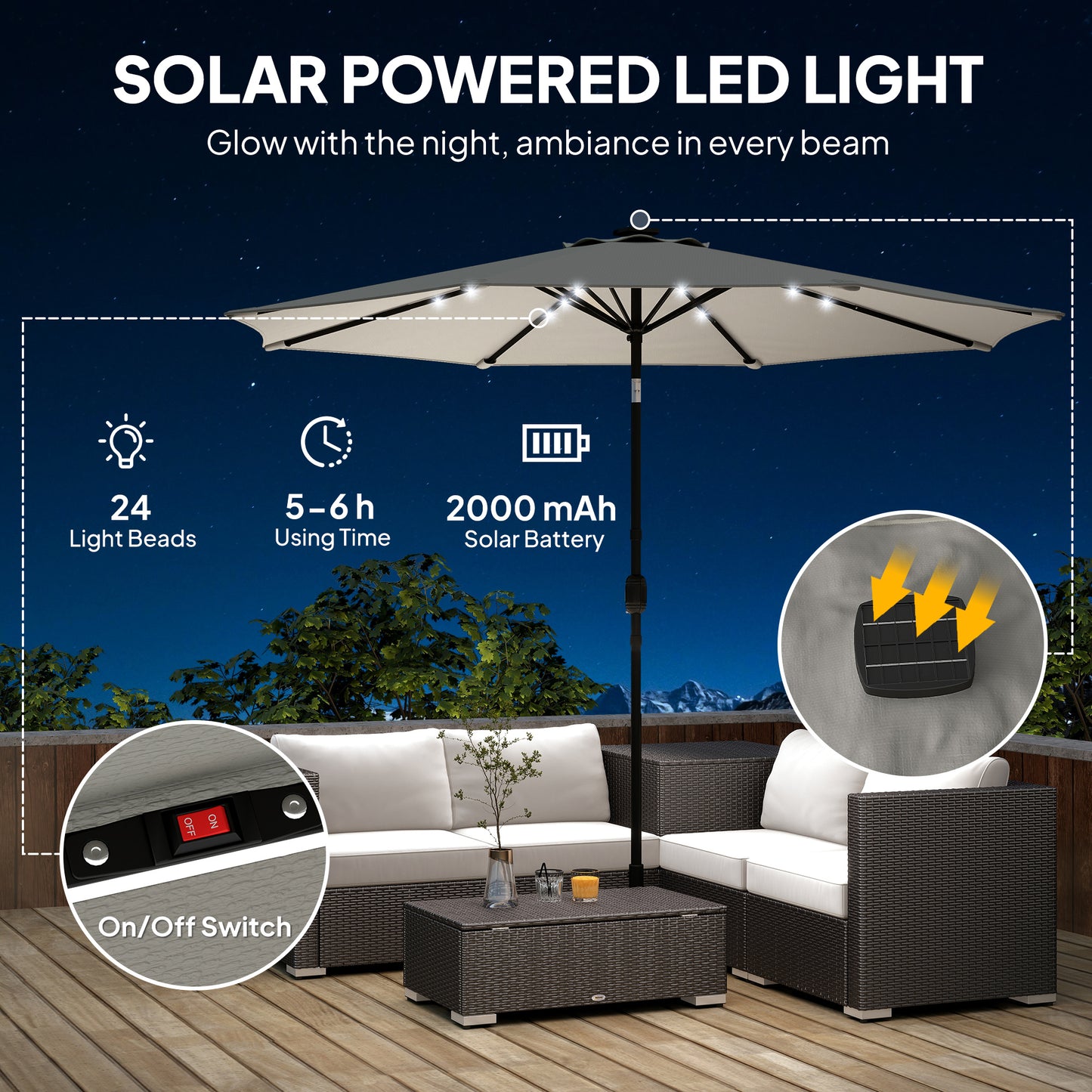 Outsunny 2.6 m Garden Parasol Umbrella With LED Solar Light And Cover For Patio Outdoor Market Umbrella Light Grey