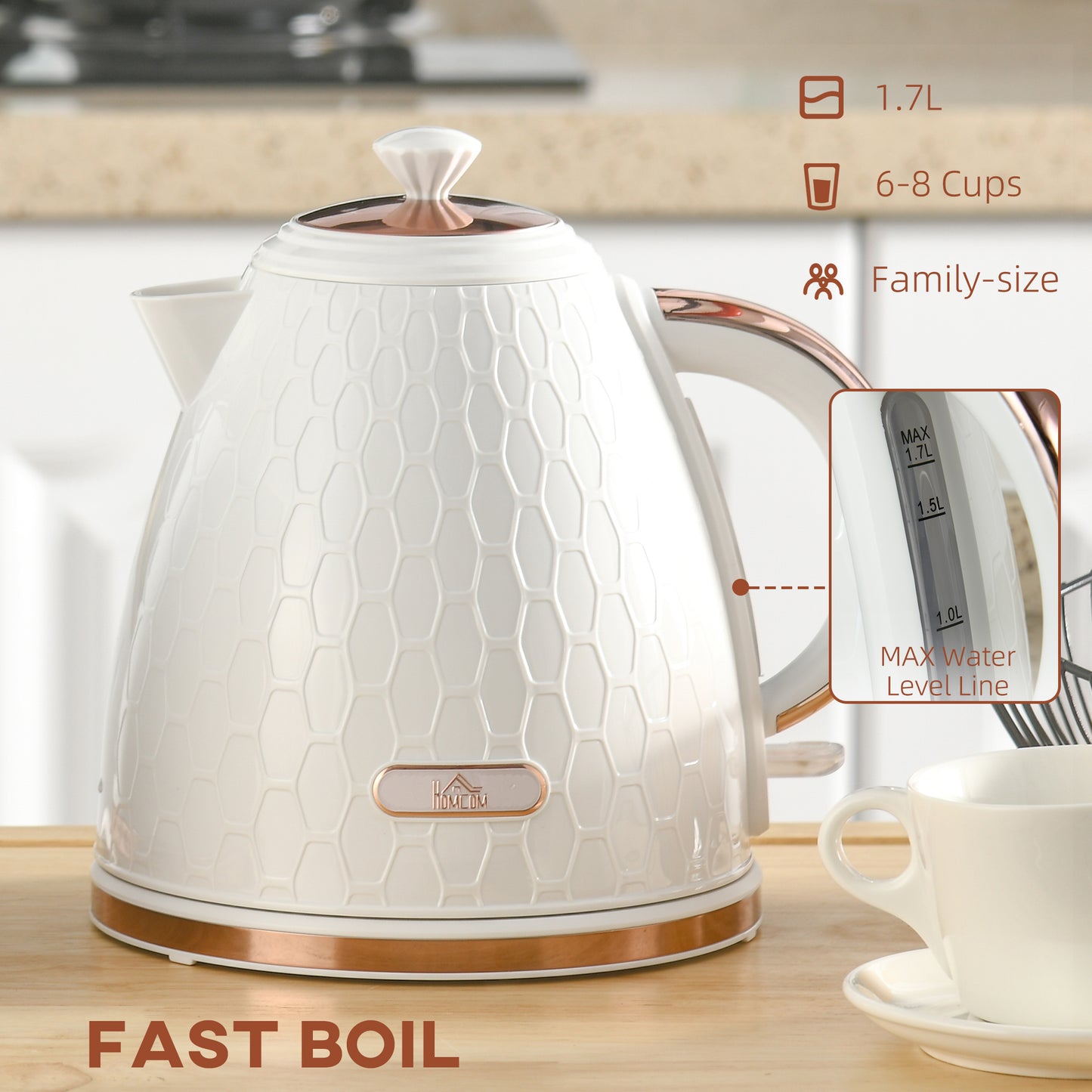 HOMCOM 3kW Rapid Boil Honeycomb Electric Kettle Cream Finish Fast Boiling Tea Coffee