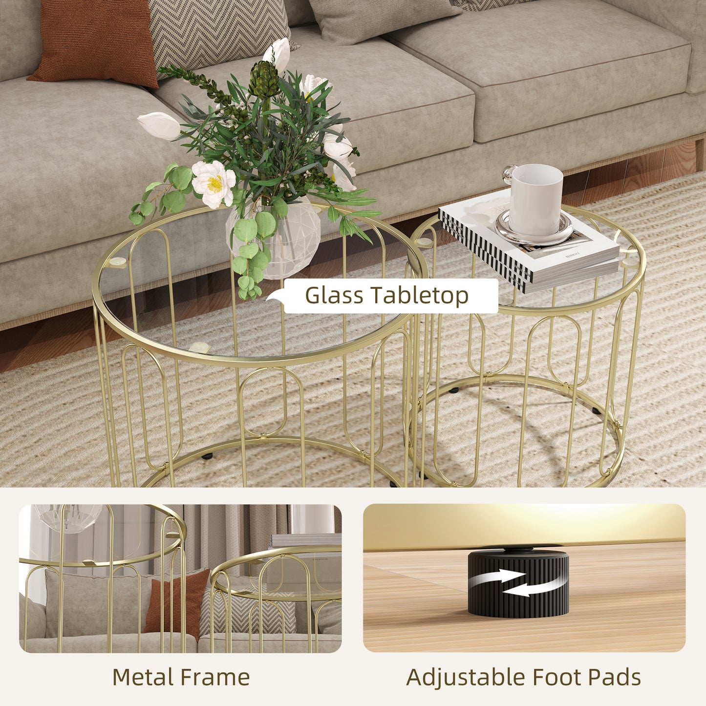 HOMCOM Elliptical Cutout Nesting Tables Gold Tone Glass Top With Metal Ring Frame Two Piece Coffee Table Set