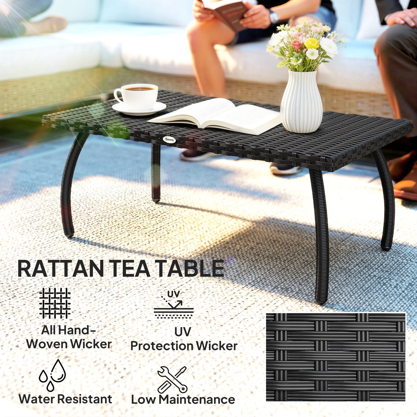 Outsunny PE Wicker Rattan Garden Outdoor Coffee Table Black Rectangular All Weather Durable Metal Frame For Patio
